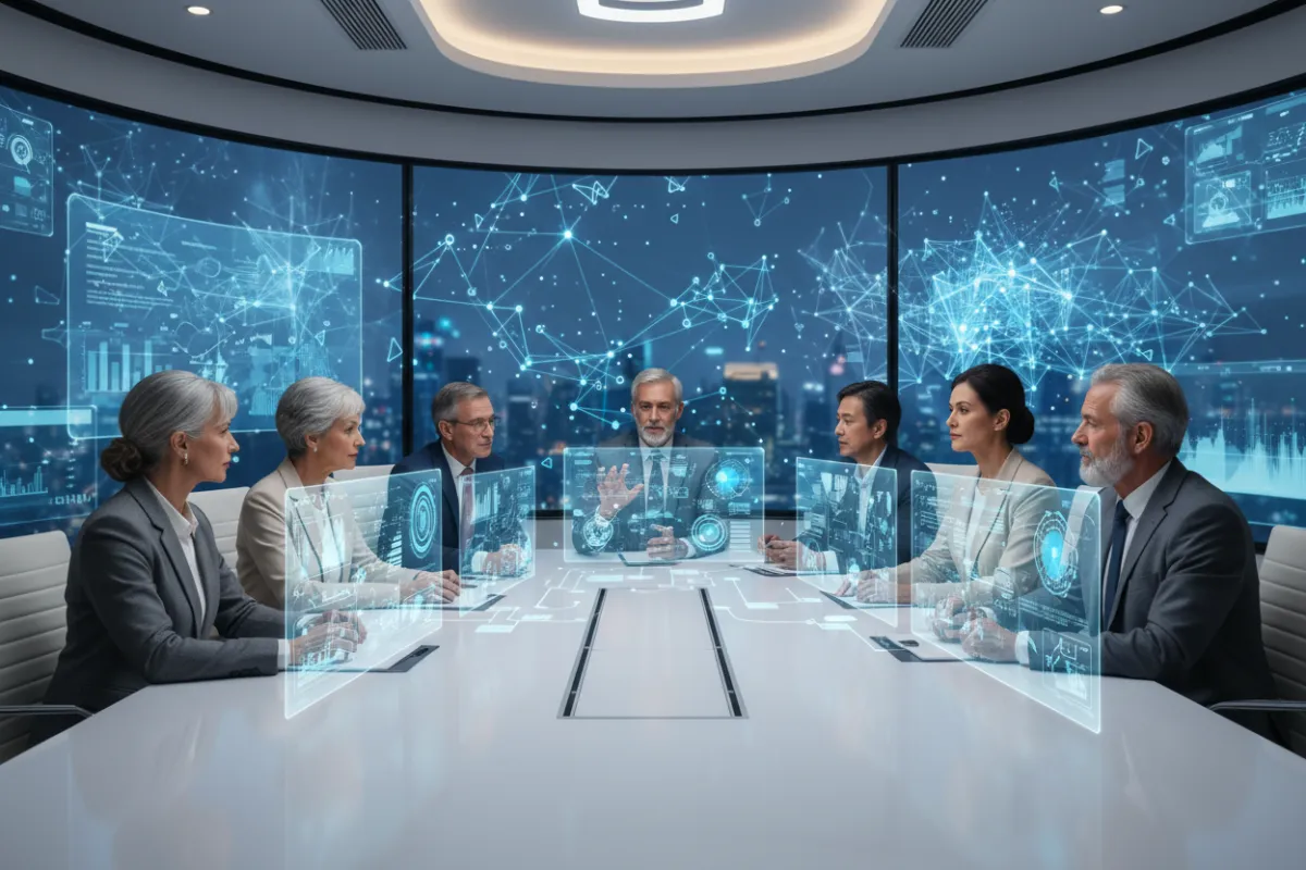 A diverse group of senior executives in a modern virtual meeting, with digital AI interface graphics overlaying a sleek boardroom setting. The group is engaged, focused, and collaborating, representing leadership alignment and innovation. 3:2 aspect ratio.