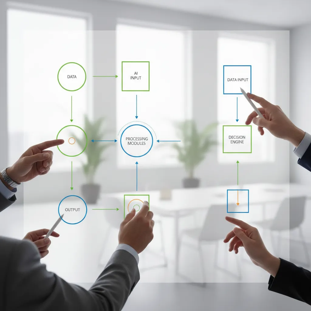 A close-up of a digital whiteboard with AI workflow diagrams, surrounded by hands of executives collaborating. The setting is a bright, modern workspace, emphasizing teamwork and practical learning. 1:1 aspect ratio.