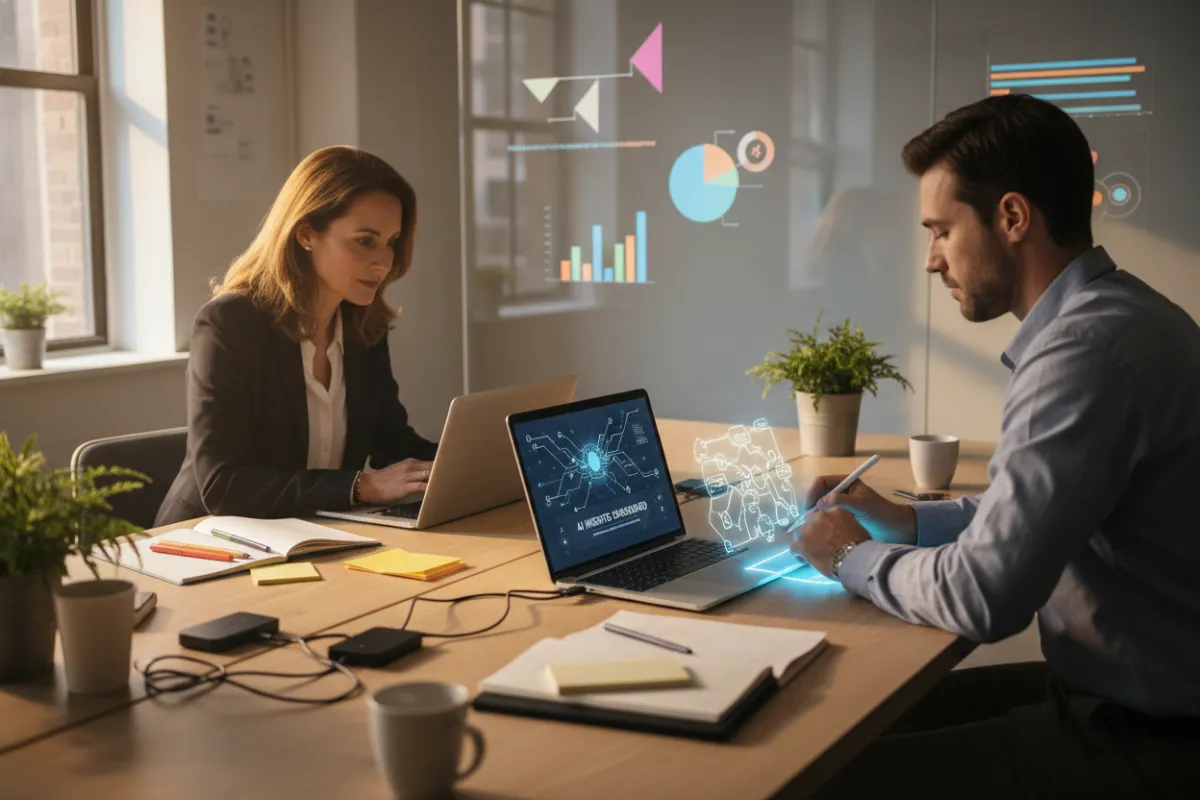 A consultant in their 40s using a laptop with an AI-powered dashboard, while a colleague sketches ideas on a digital tablet. The workspace features a blend of analog and digital tools, with a large screen displaying partnership analytics. The atmosphere is creative and tech-forward.