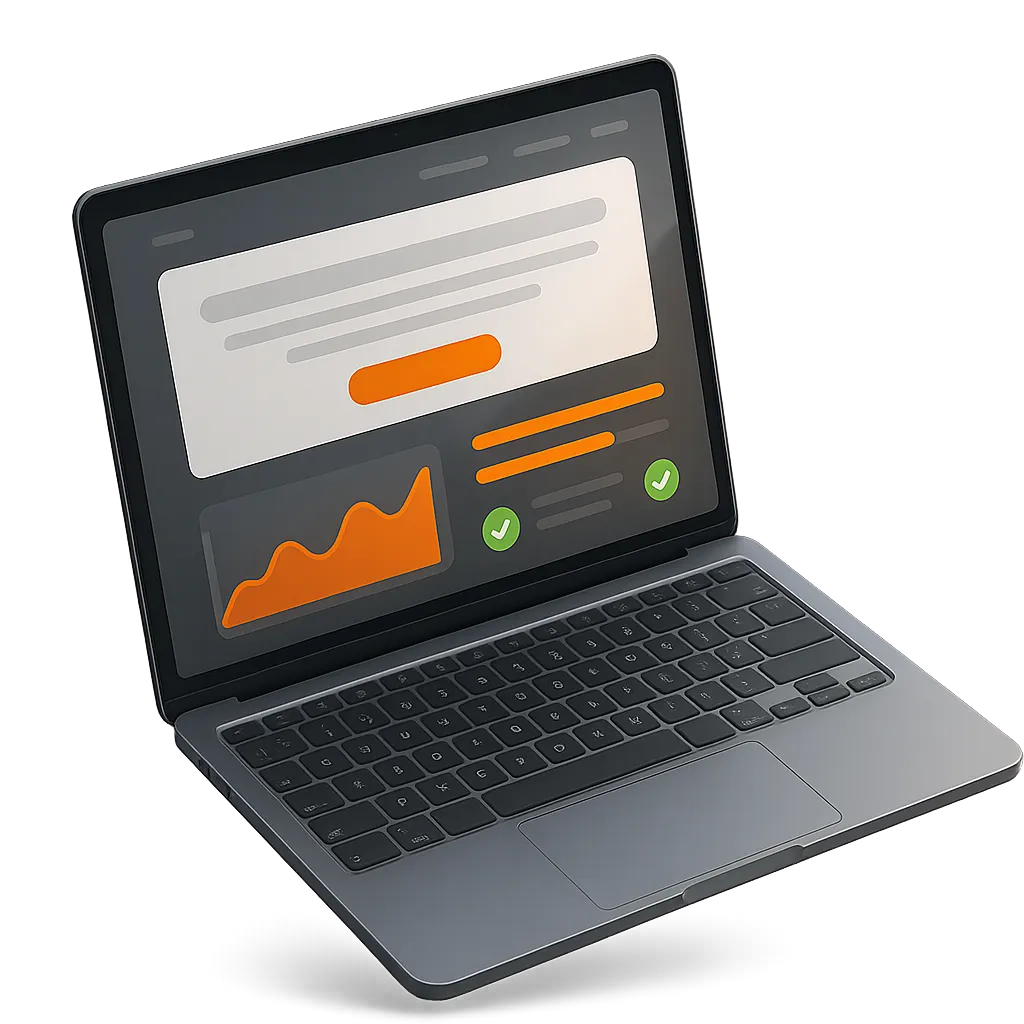 Premium 3D isometric render of a sleek modern laptop displaying a high-converting landing page wireframe