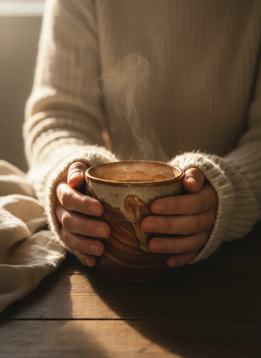 A warm cup of coffee in soft morning light representing a peaceful pause