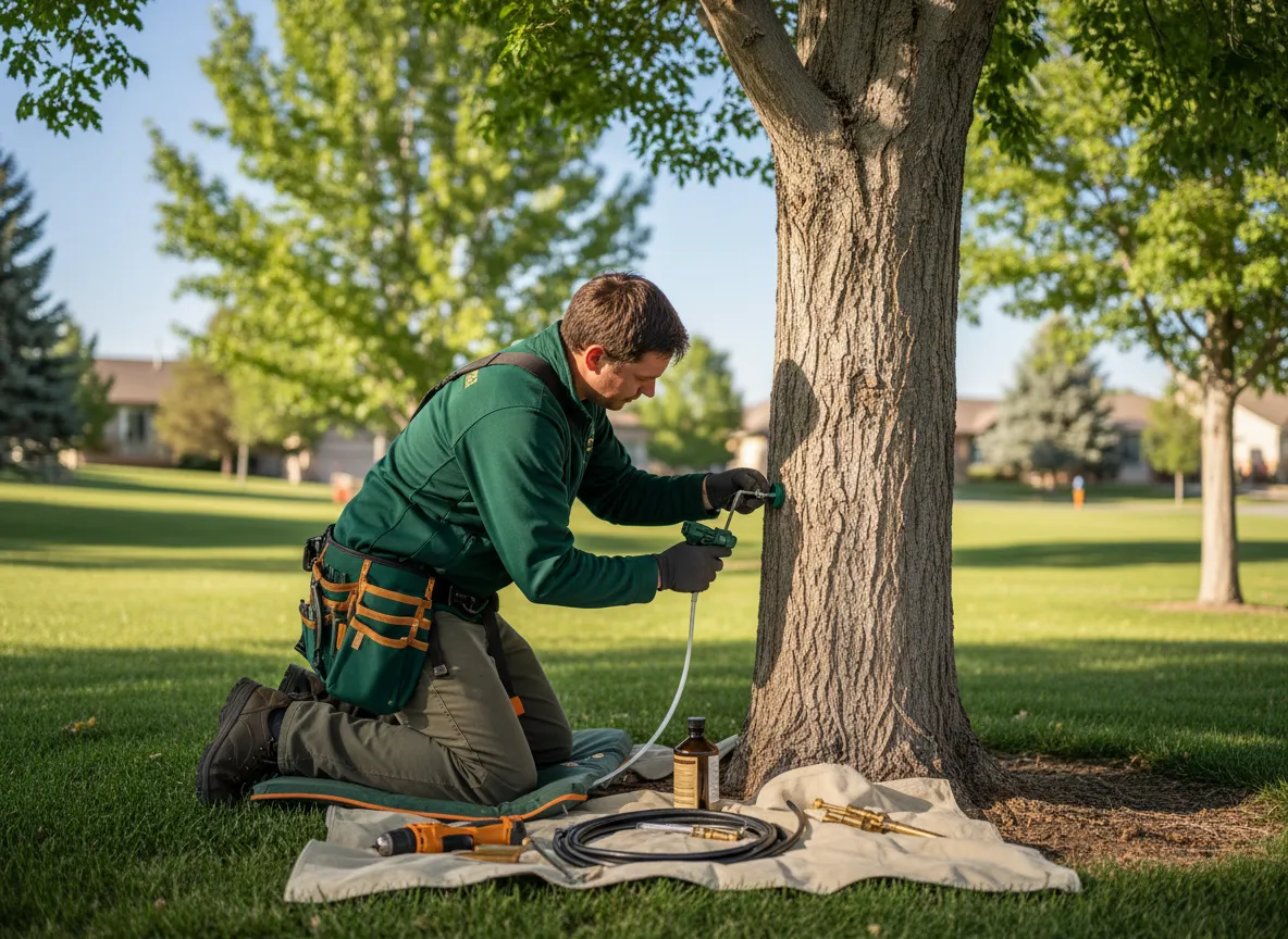 Trunk injection treatment for emerald ash borer on an Aurora, CO ash tree