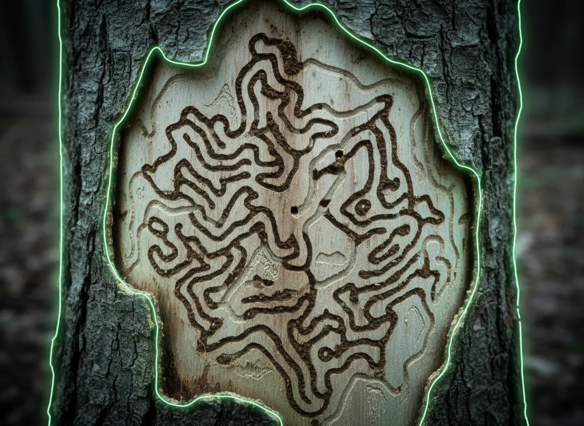 Close-up of emerald ash borer damage under the bark of a green ash tree in Denver