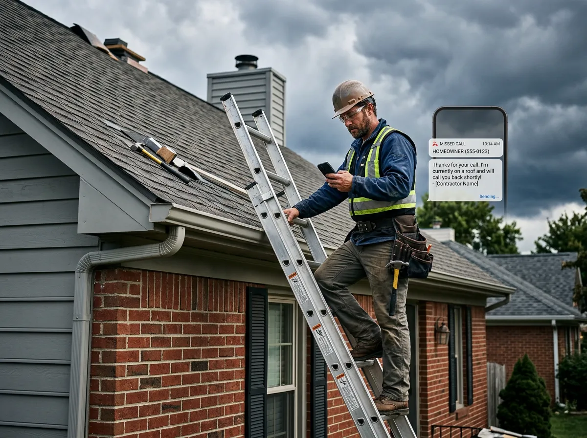 Roofing contractor on a ladder with missed call alert and automated text reply on smartphone