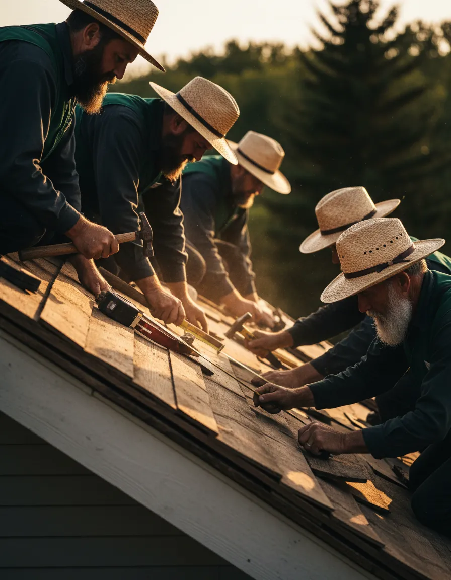 Amish construction team working consistently on site