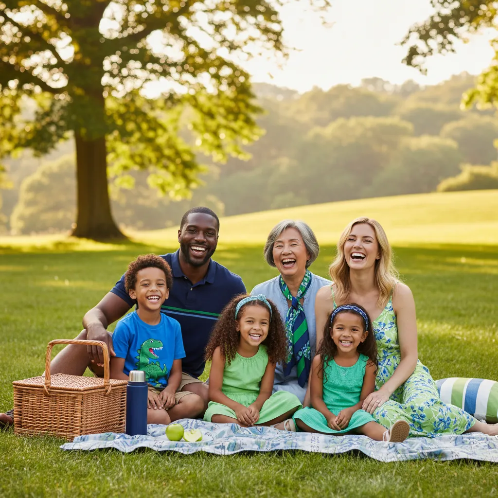 A diverse, happy family standing together