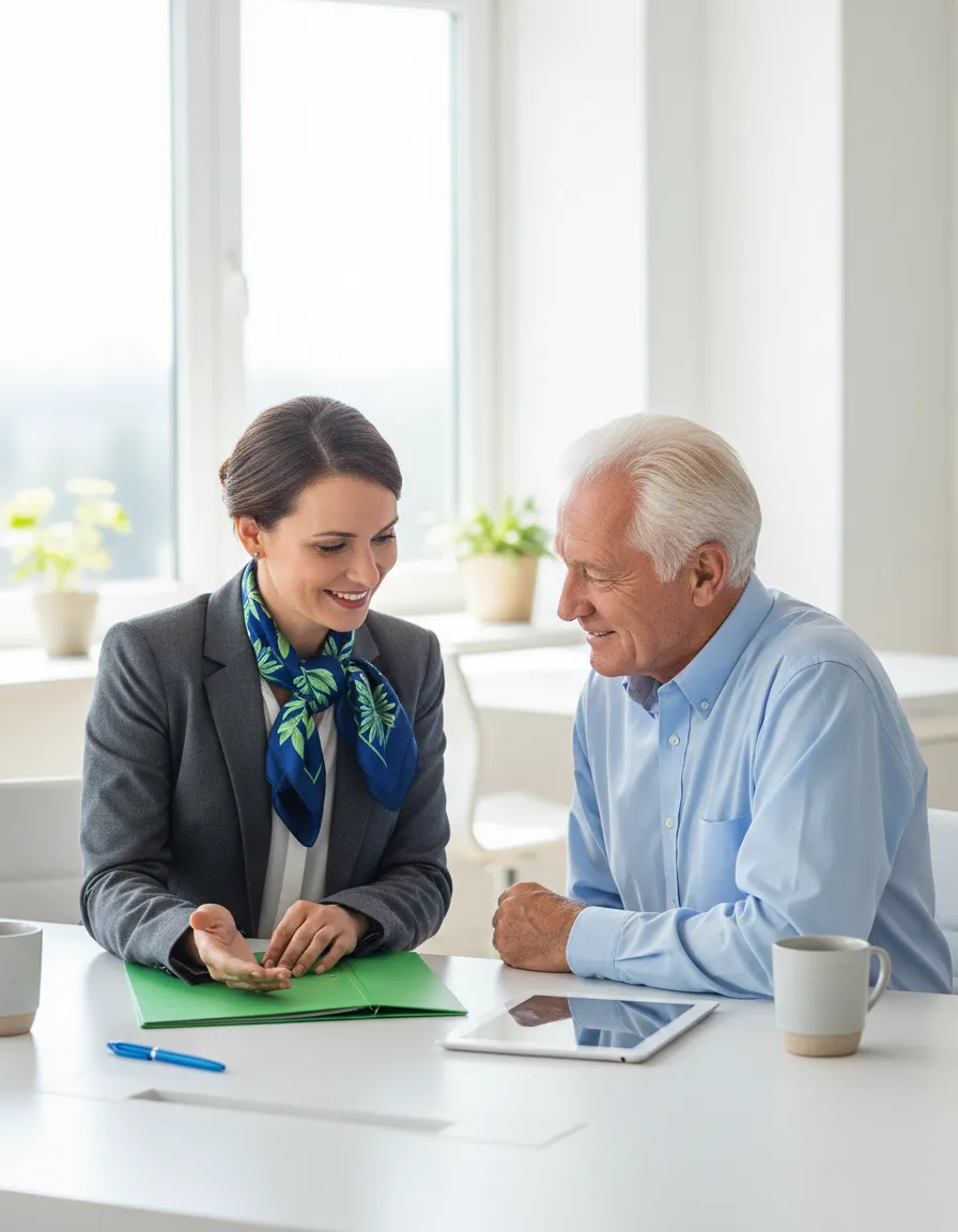 Friendly advisor speaking with a healthy senior