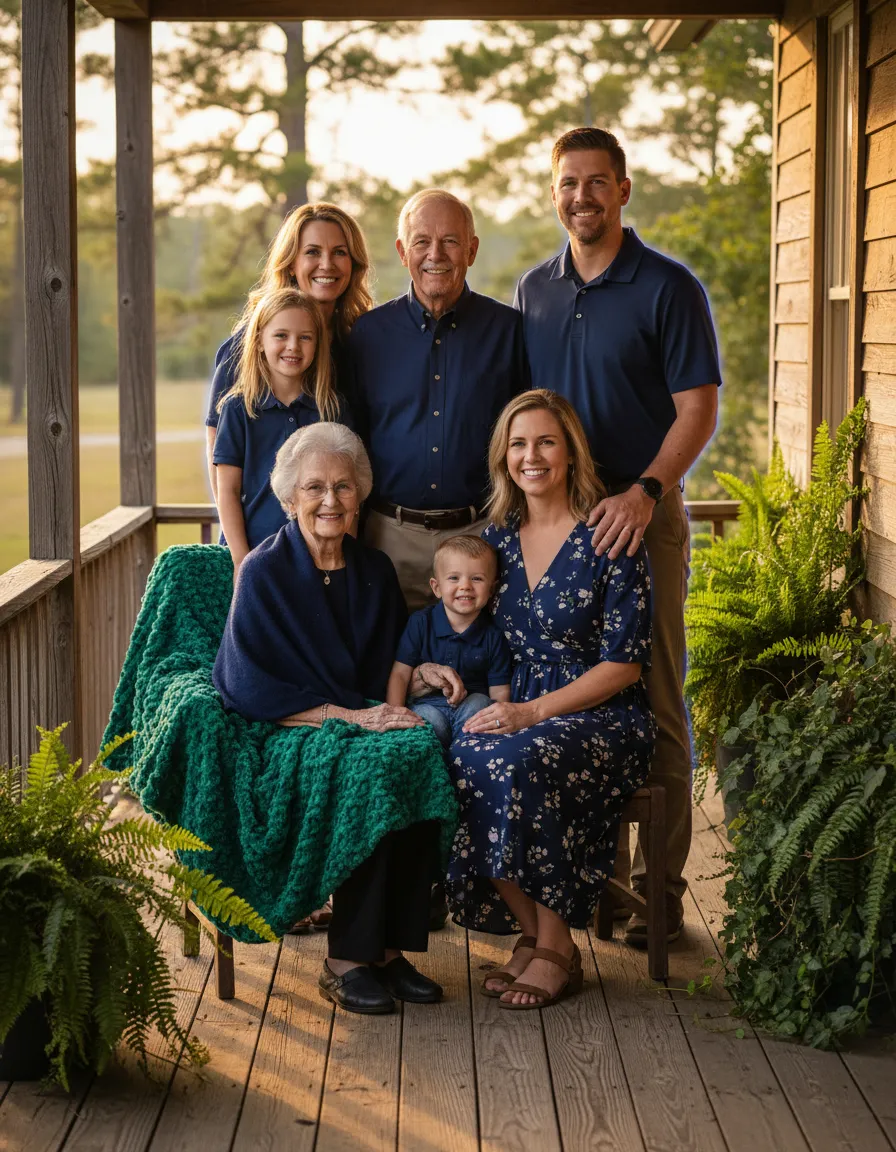 A multi-generational family sitting together on a porch