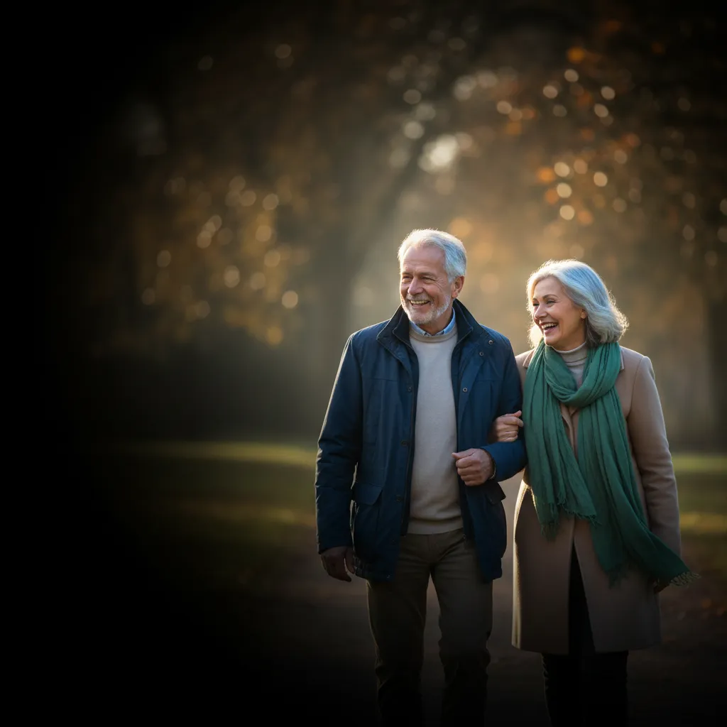 A happy senior couple walking outdoors, feeling protected by their Medicare Supplement plan