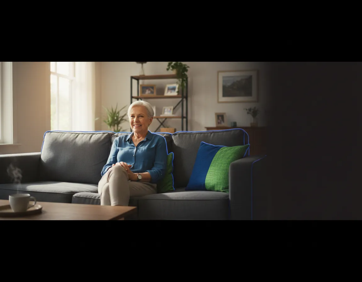 Older adult smiling and relaxing in their own living room