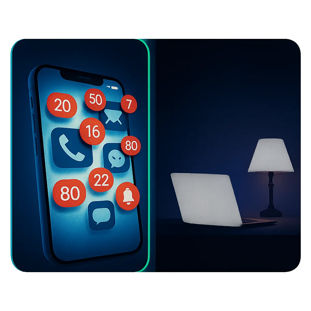 Composición visual conceptual que contrasta el caos de notificaciones digitales desordenadas y fatiga creativa frente a la serenidad de una gestión ordenada