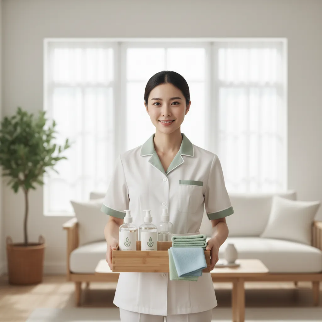 Professional cleaner holding eco-friendly cleaning supplies