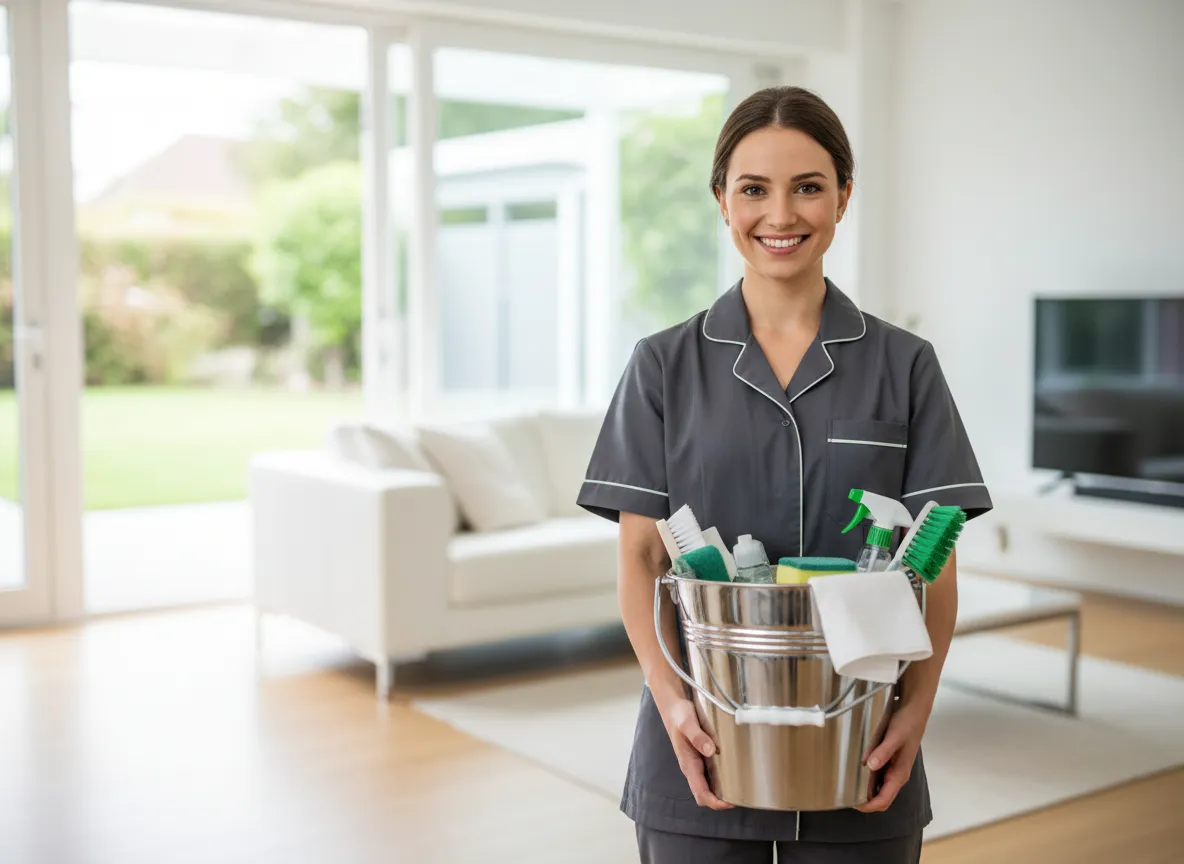 Smiling cleaner holding a bucket of cleaning tools