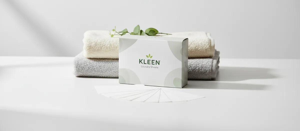 Minimal modern layout showing KLEEN Laundry Sheets packaging and sheets