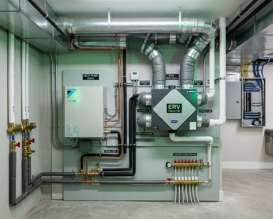 Technical diagram and installation photography of cold-climate heat-pump and Energy Recovery Ventilator (ERV) in rowhouse mechanical utility space