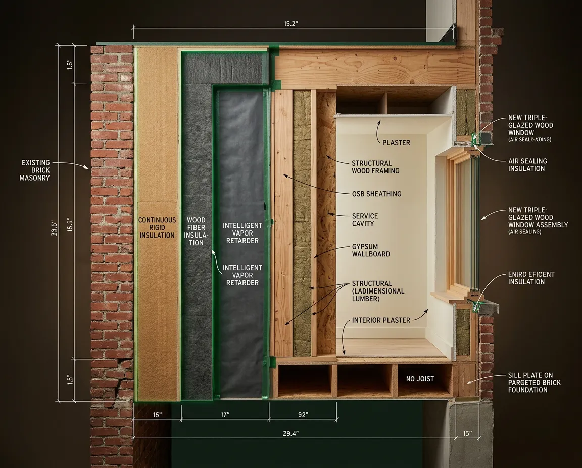 Architectural wall section cutaway showing continuous exterior insulation and smart vapor retarder on a historic masonry rowhouse