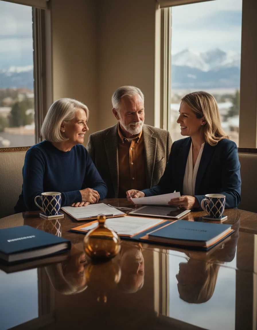 Senior couple reviewing mortgage documents with an appraiser in their Denver home