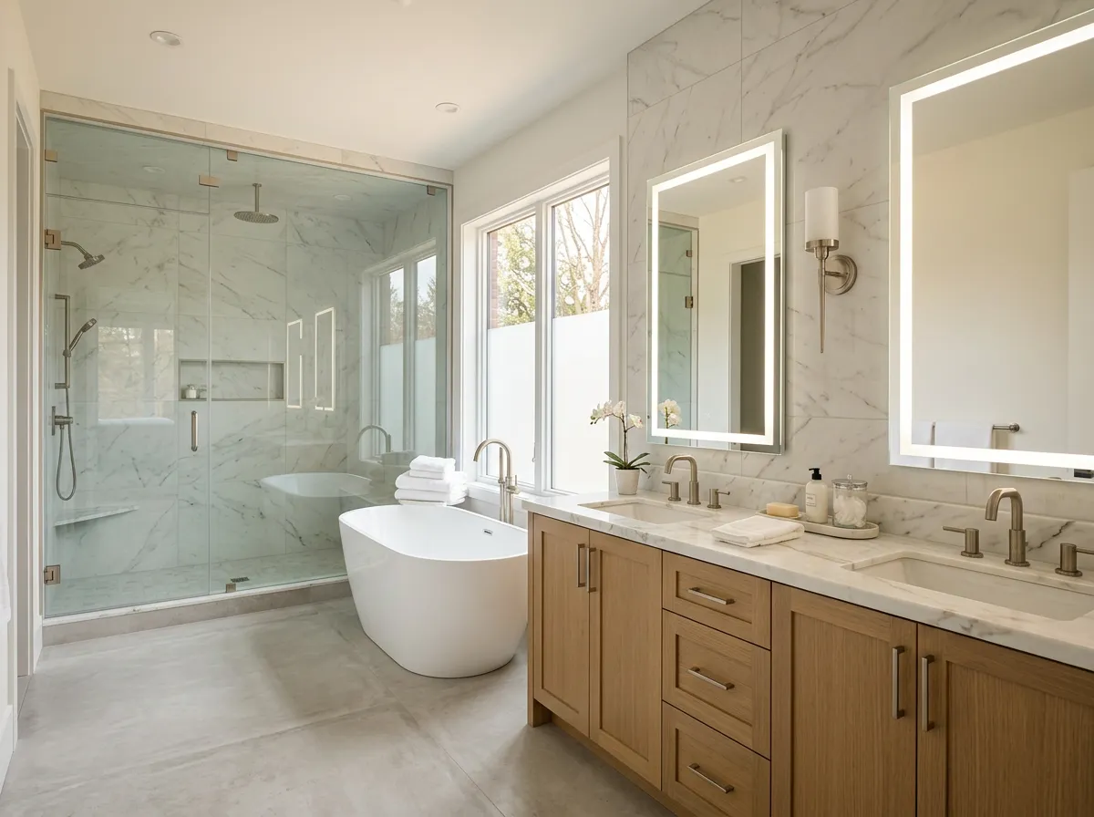 Luxurious primary bathroom with white dual vanities, large mirrors, glass shower, and freestanding tub