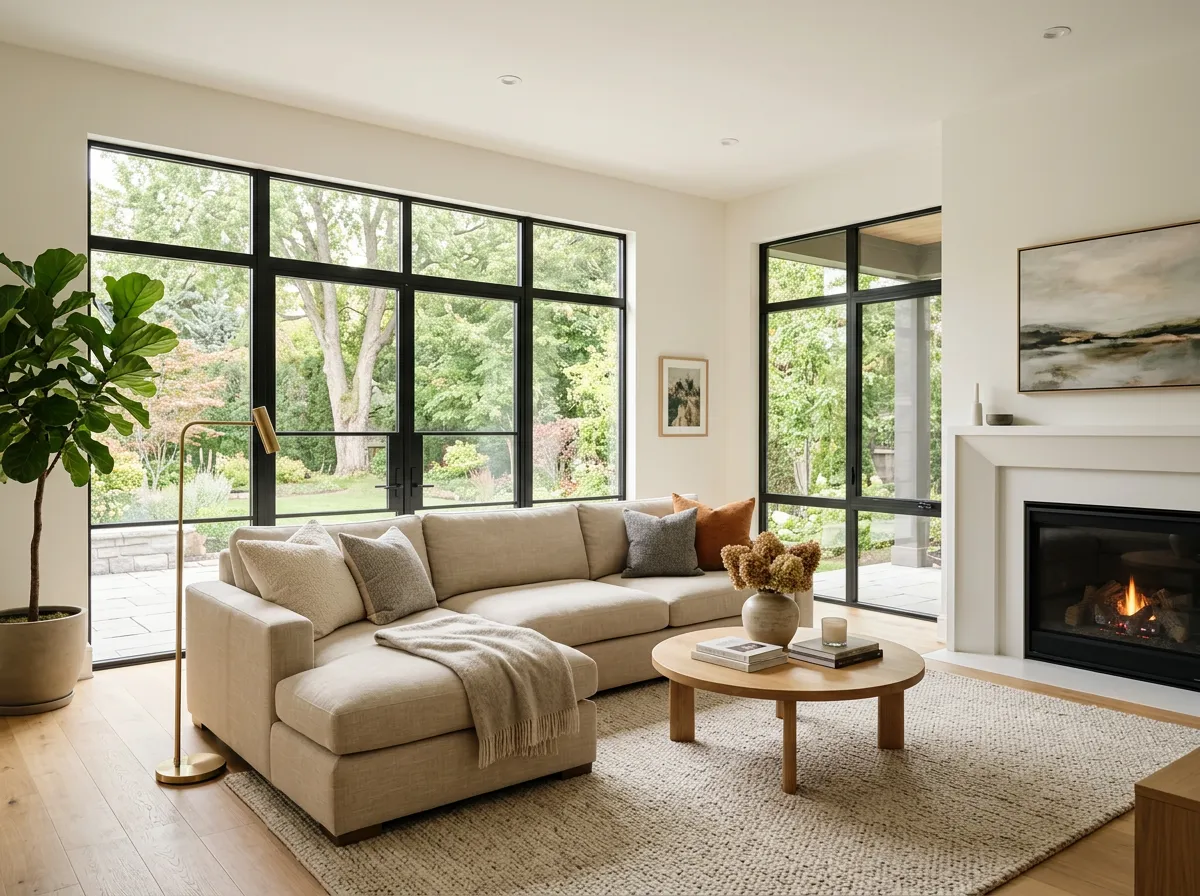 Bright living room with large windows, fireplace, and beige sectional sofa