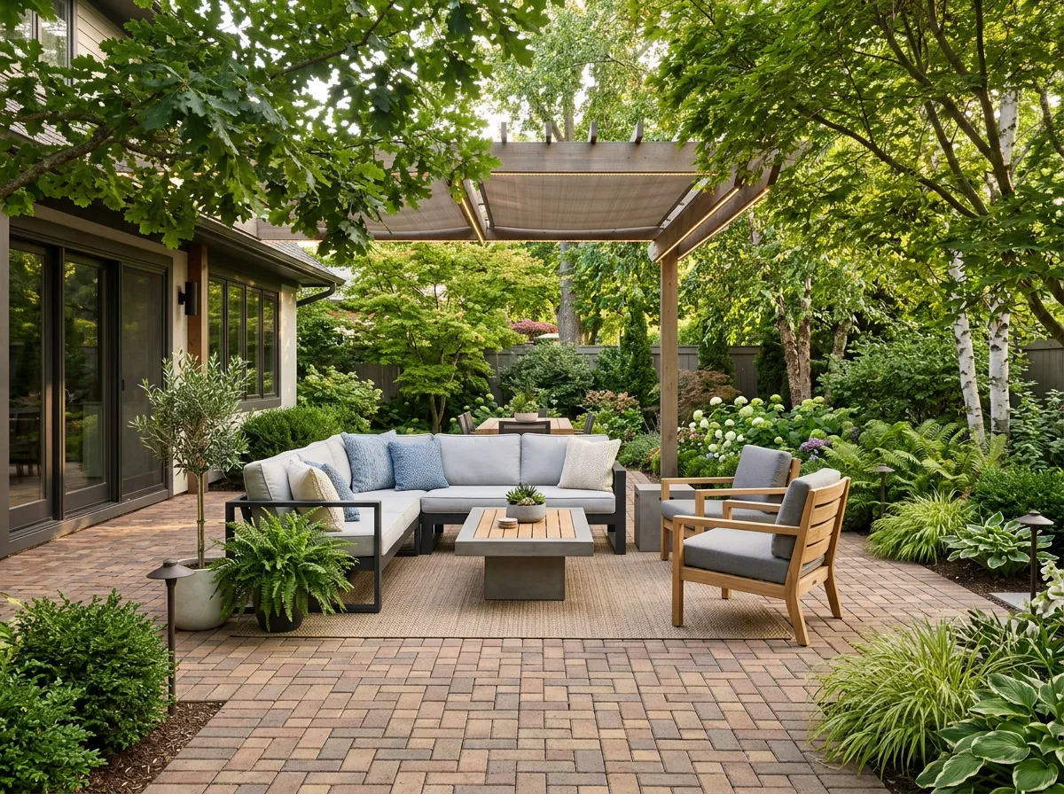Backyard patio area with brick pavers, outdoor seating, and mature trees