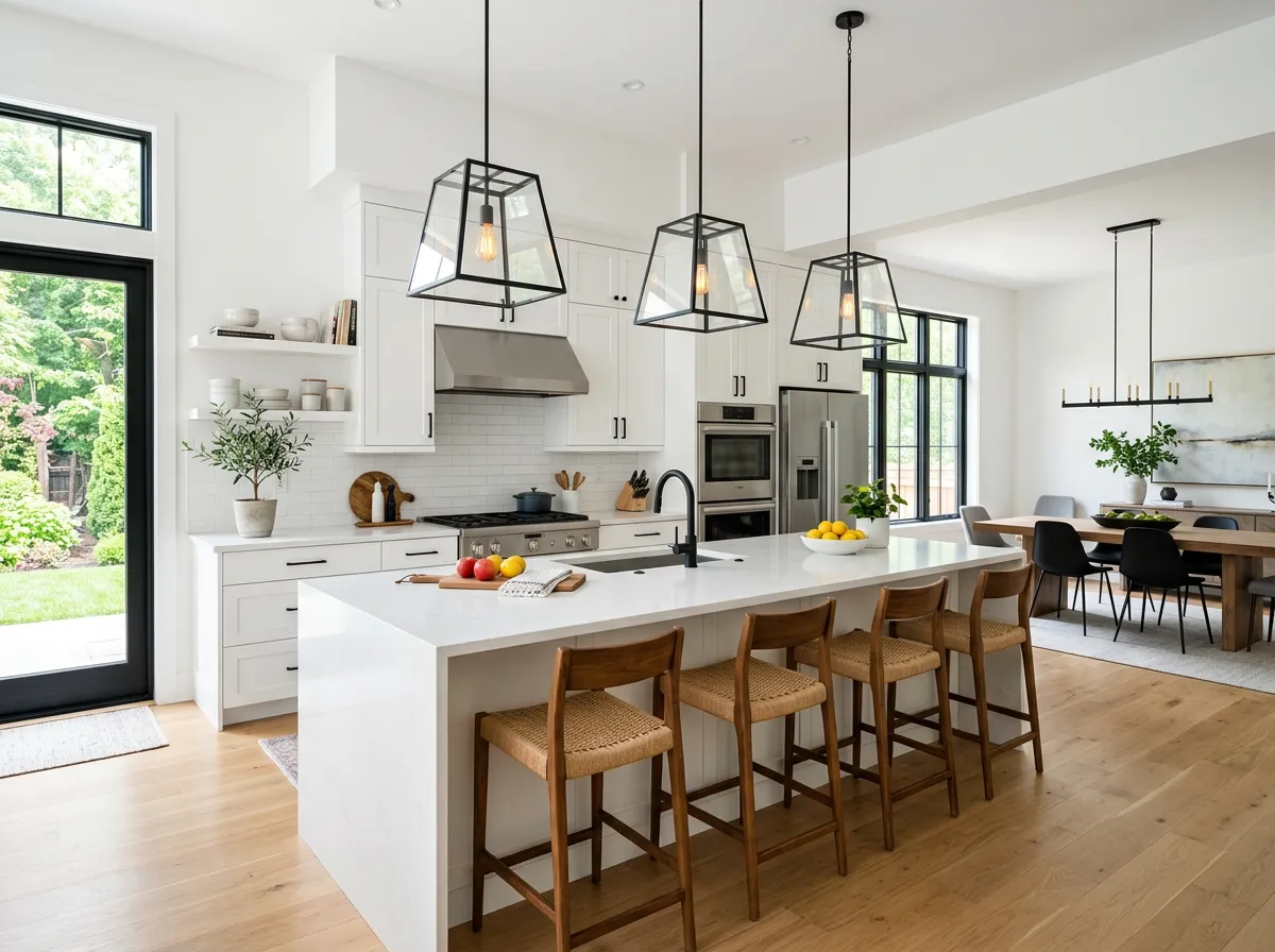 Spacious white kitchen with large island, pendant lights, and dining area in background