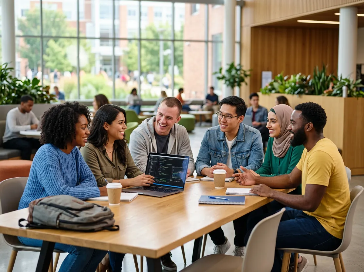 A group of diverse students sitting and conversing, one holding a laptop