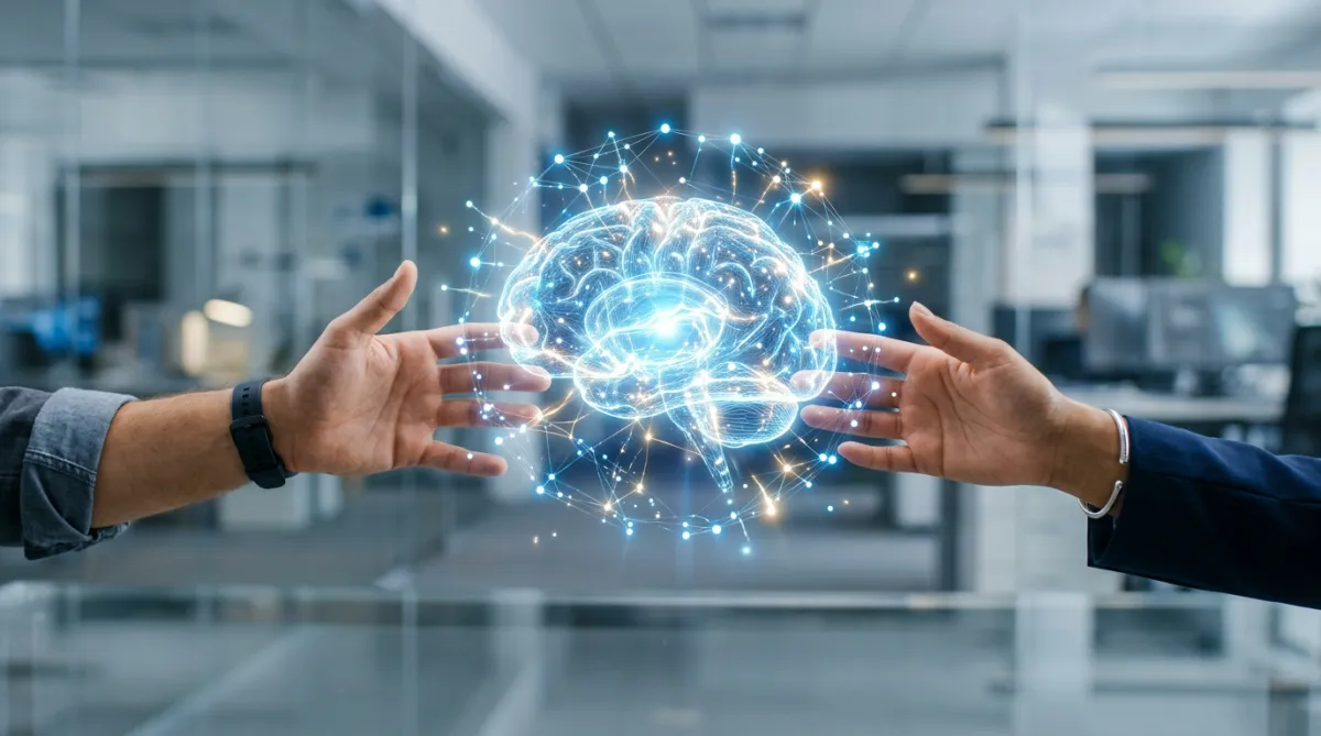 Two hands reaching towards a glowing digital brain/network.