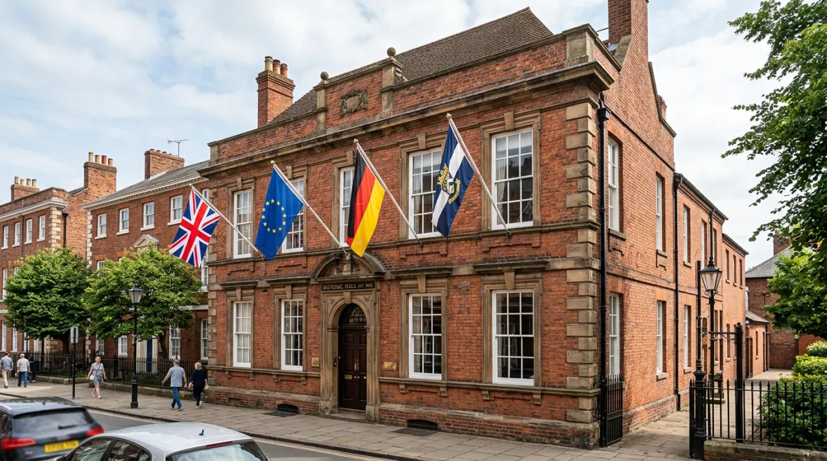Exterior of a historic brick building with flags hanging on the facade.