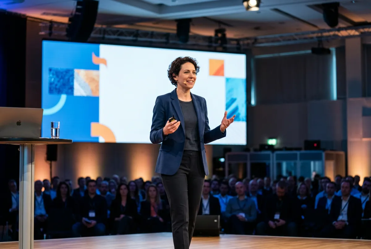 A speaker giving a keynote presentation