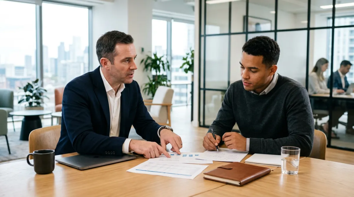 Two men discussing something at a table with papers.