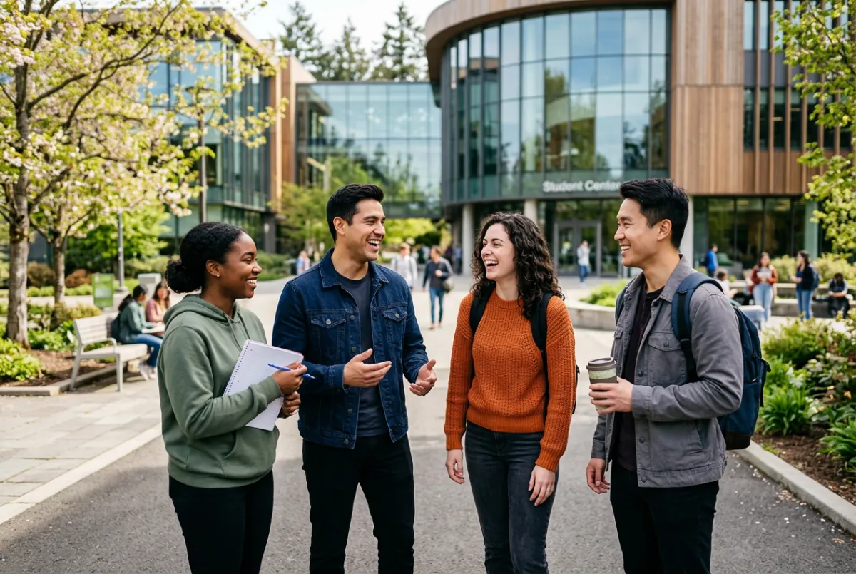 A group of students smiling and interacting outdoors