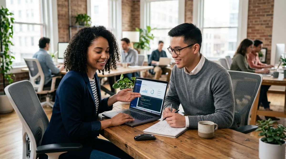 Two people working together on a laptop in a well-lit office.