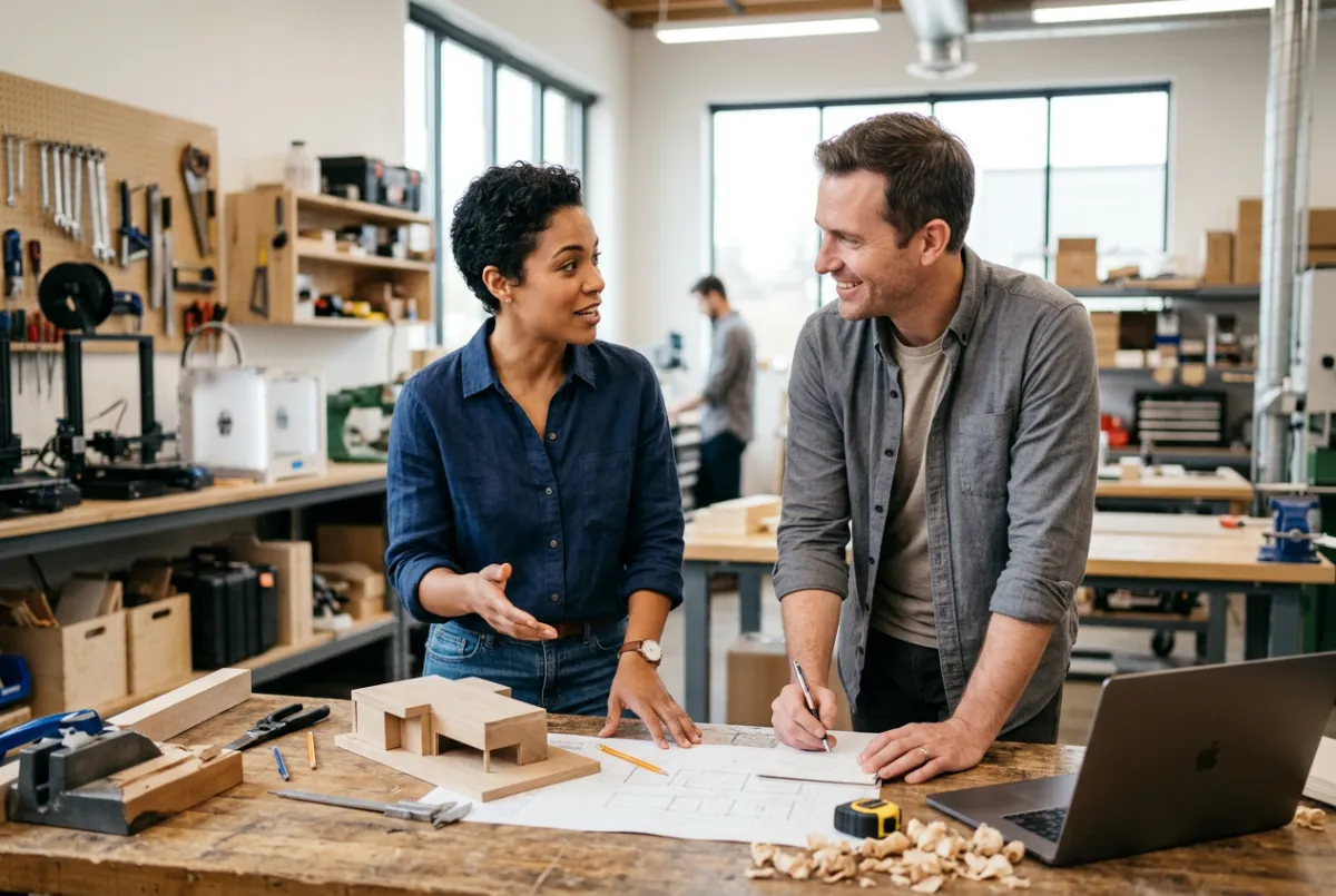 Two people engaged in a workshop conversation