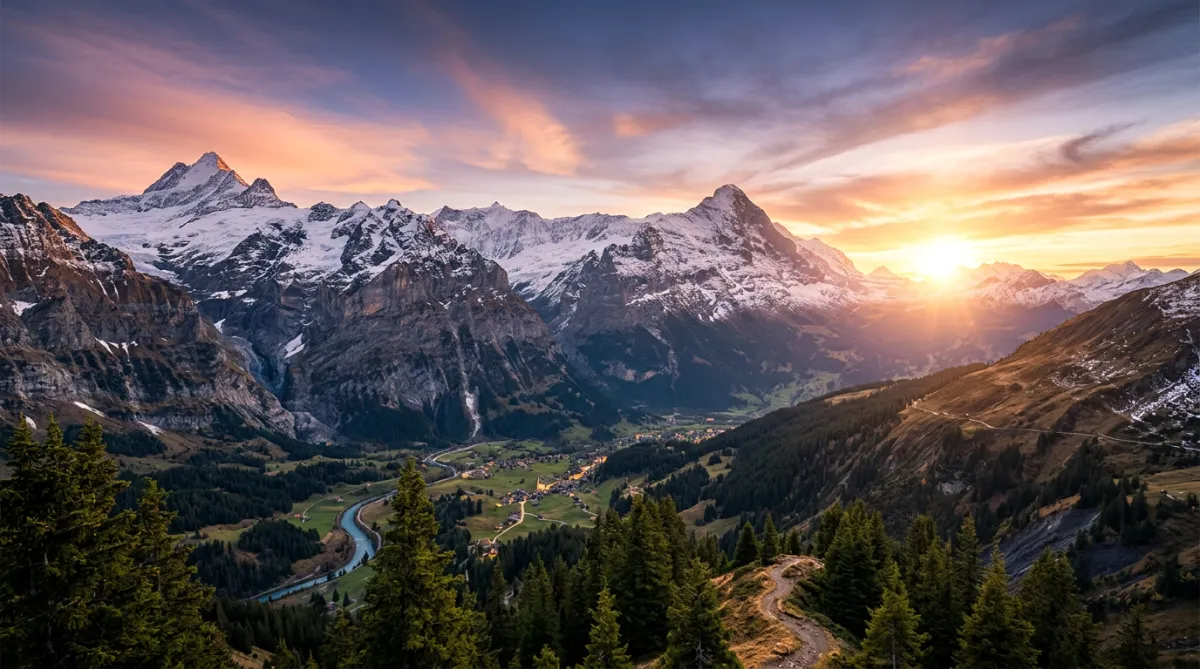Majestic mountain peaks at sunset or sunrise.