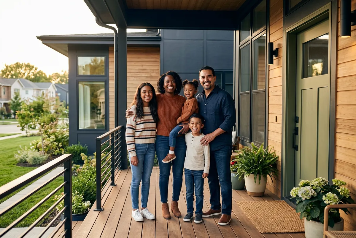 Family standing proudly in front of a modern home