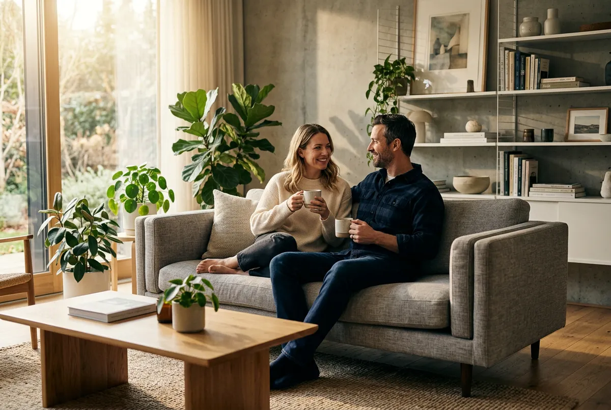 Person relaxing with coffee in a calm sunlit living room