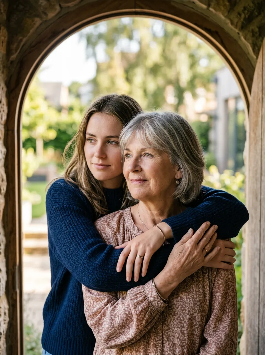 A close-up photograph of a younger woman embracing an older woman from behind, framed inside an arch shape. Both are looking thoughtfully off-camera.