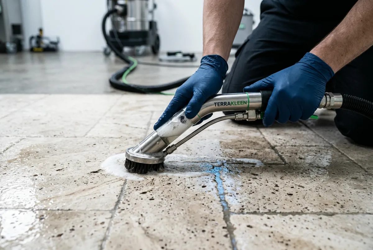 Delicate deep extraction cleaning process on limestone tiles