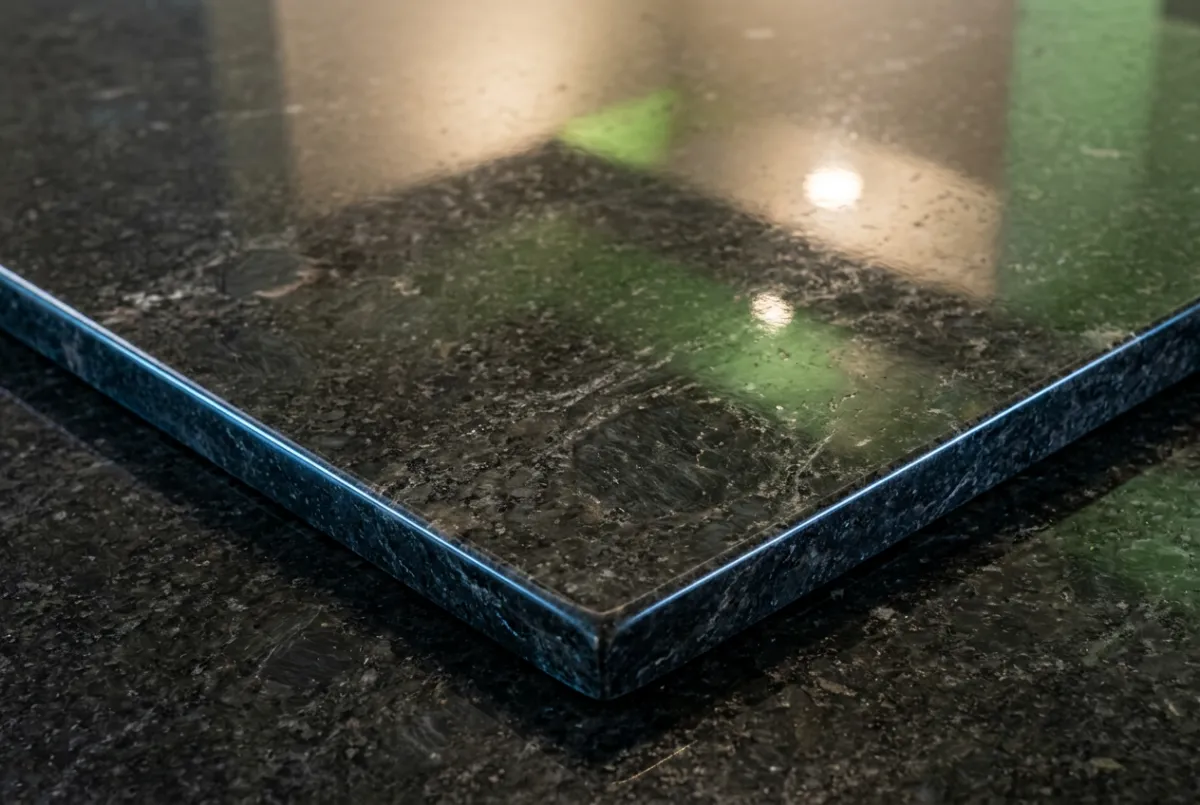 Restored shining granite countertop reflecting light with brilliant clarity