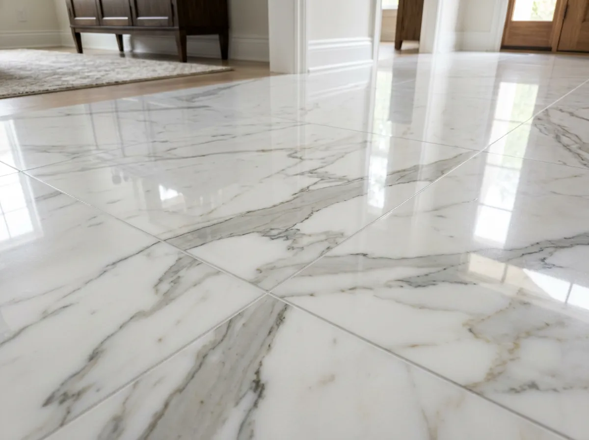 Marble floor after restoration: polished glossy finish with clear veining