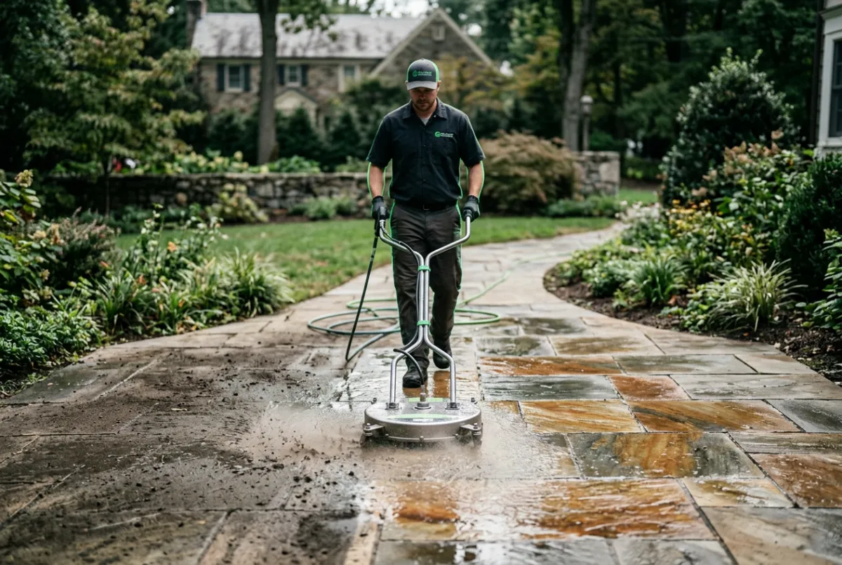 Deep cleaning and restorative extraction on flagstone patio walkway