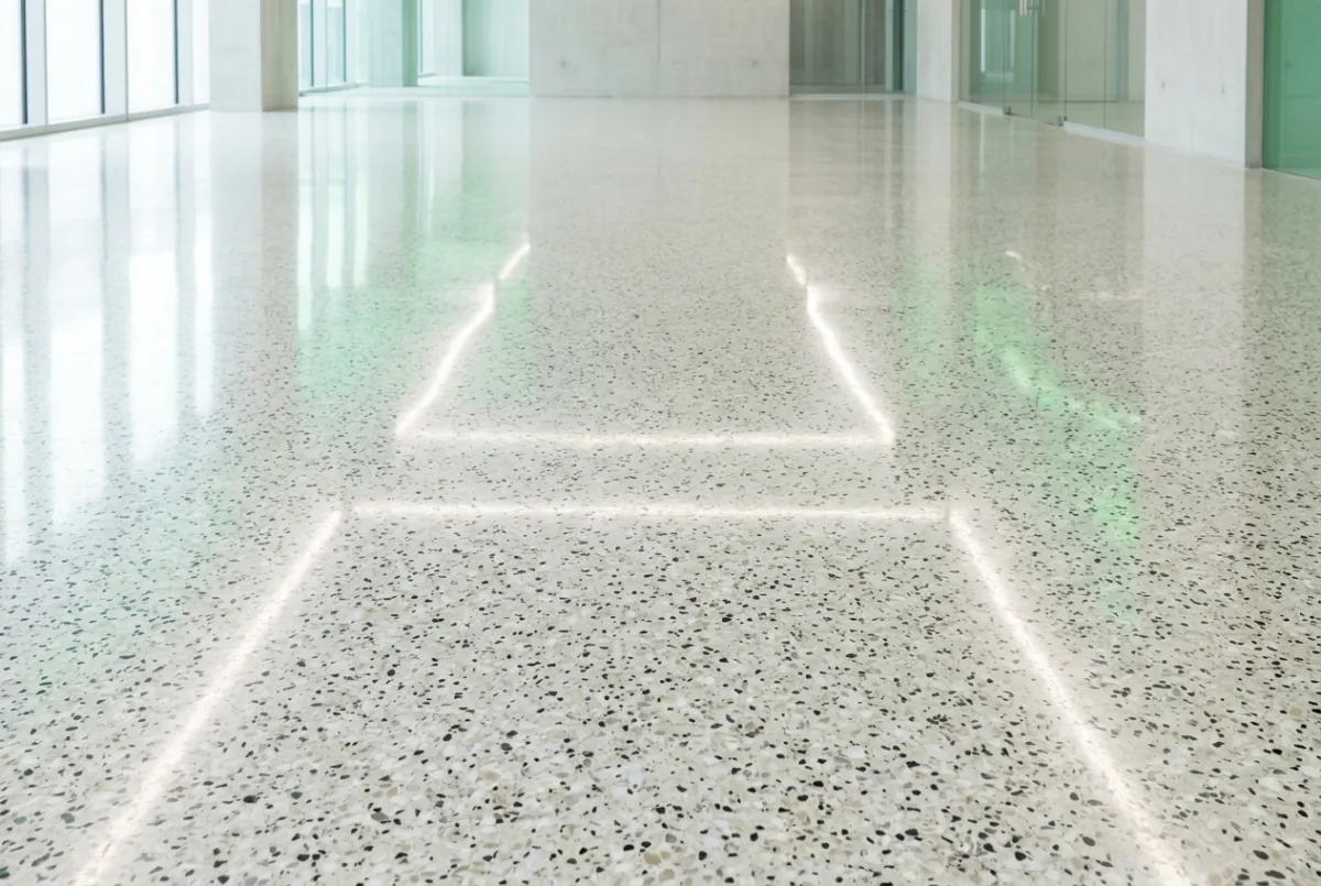 Finished high-gloss polished terrazzo floor reflecting light with pristine clarity
