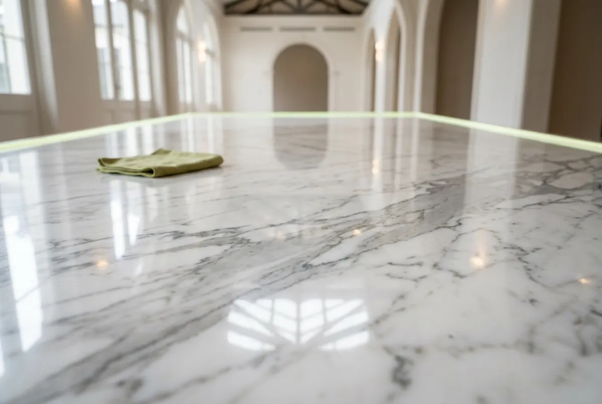 Fully restored, polished, and protected mirror-finish luxury marble floor
