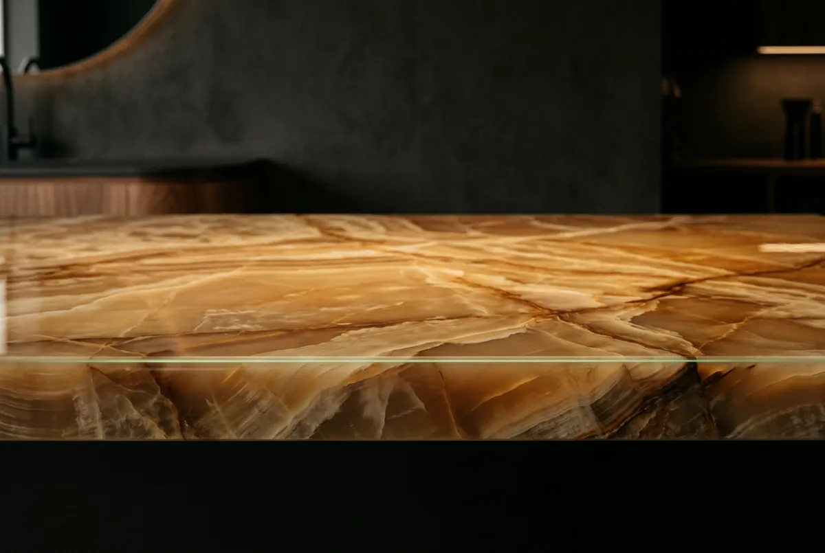 Detailed view of polished honey onyx stone countertop reflecting elegant ambient lighting