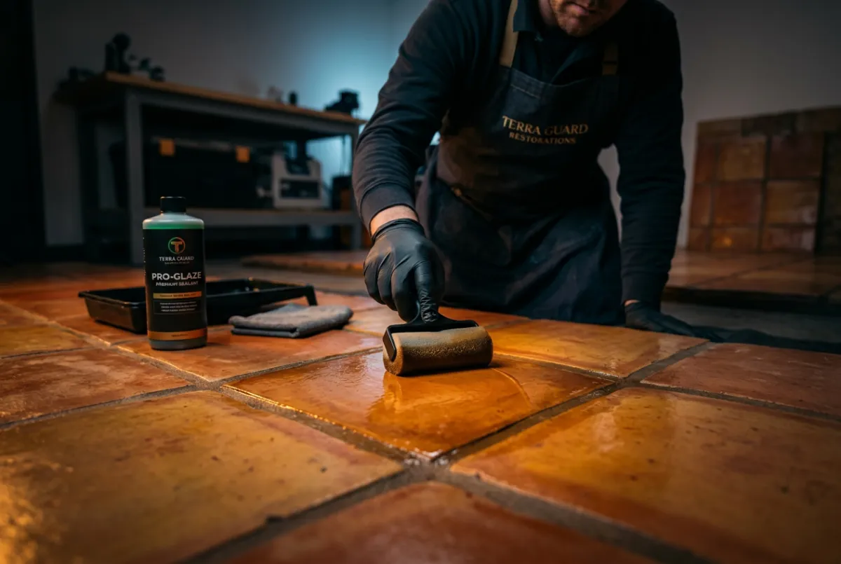 Application of premium satin sealants on restored Saltillo terracotta stone