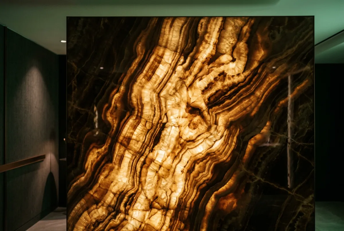 Backlit onyx stone feature wall displaying restored deep translucency and high gloss finish