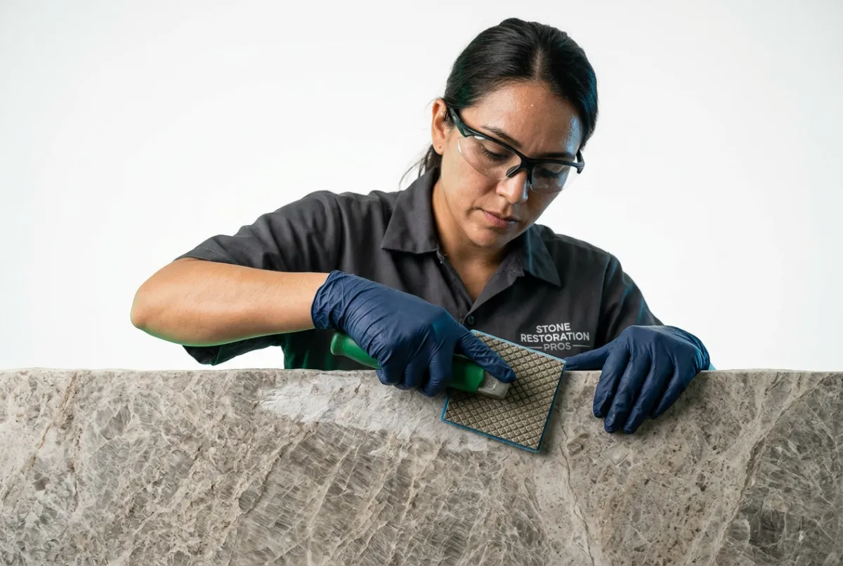 Technician performing precision diamond honing on natural stone surface