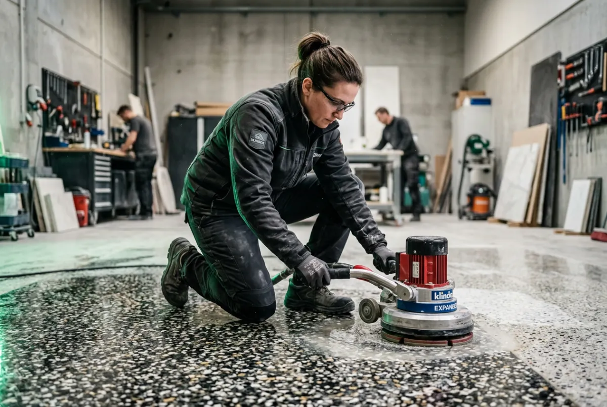 Professional technician diamond-polishing terrazzo floor in progress