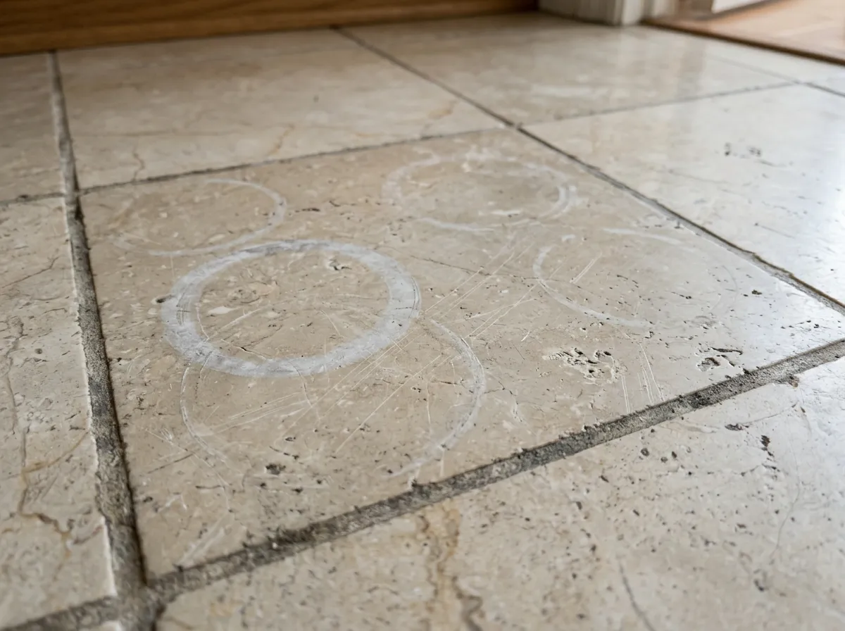 Marble floor before restoration: dull finish with etching and light scratches