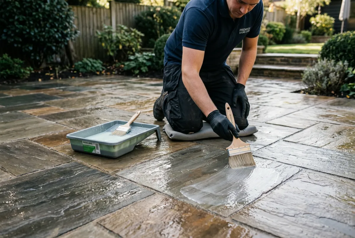 Impregnating sealant application on newly cleaned flagstone surface